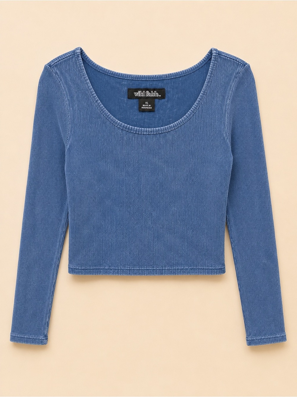 Wild Fable Blue Ribbed Scoop-Neck Long Sleeve Crop Top